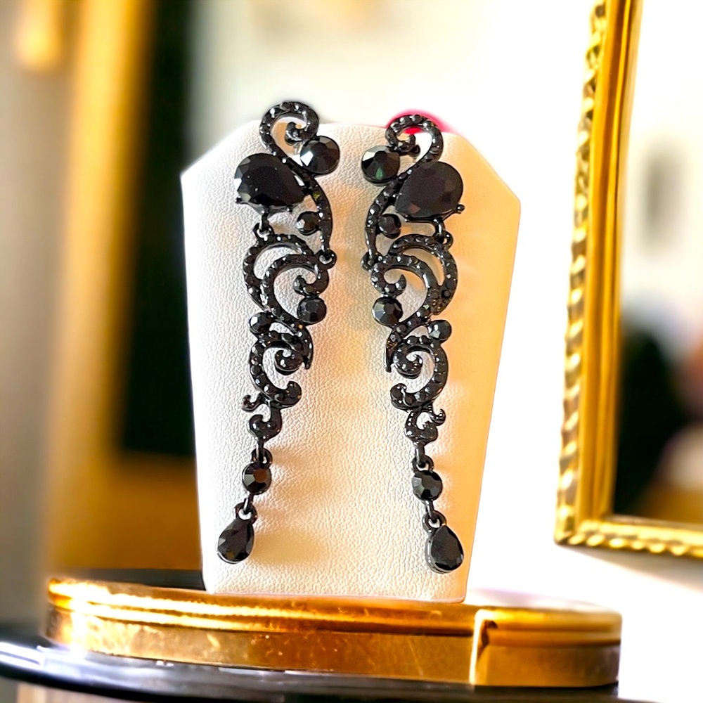 Black Crystal Earrings Dangle Drop Wedding Bridesmaid Prom Halloween Costume